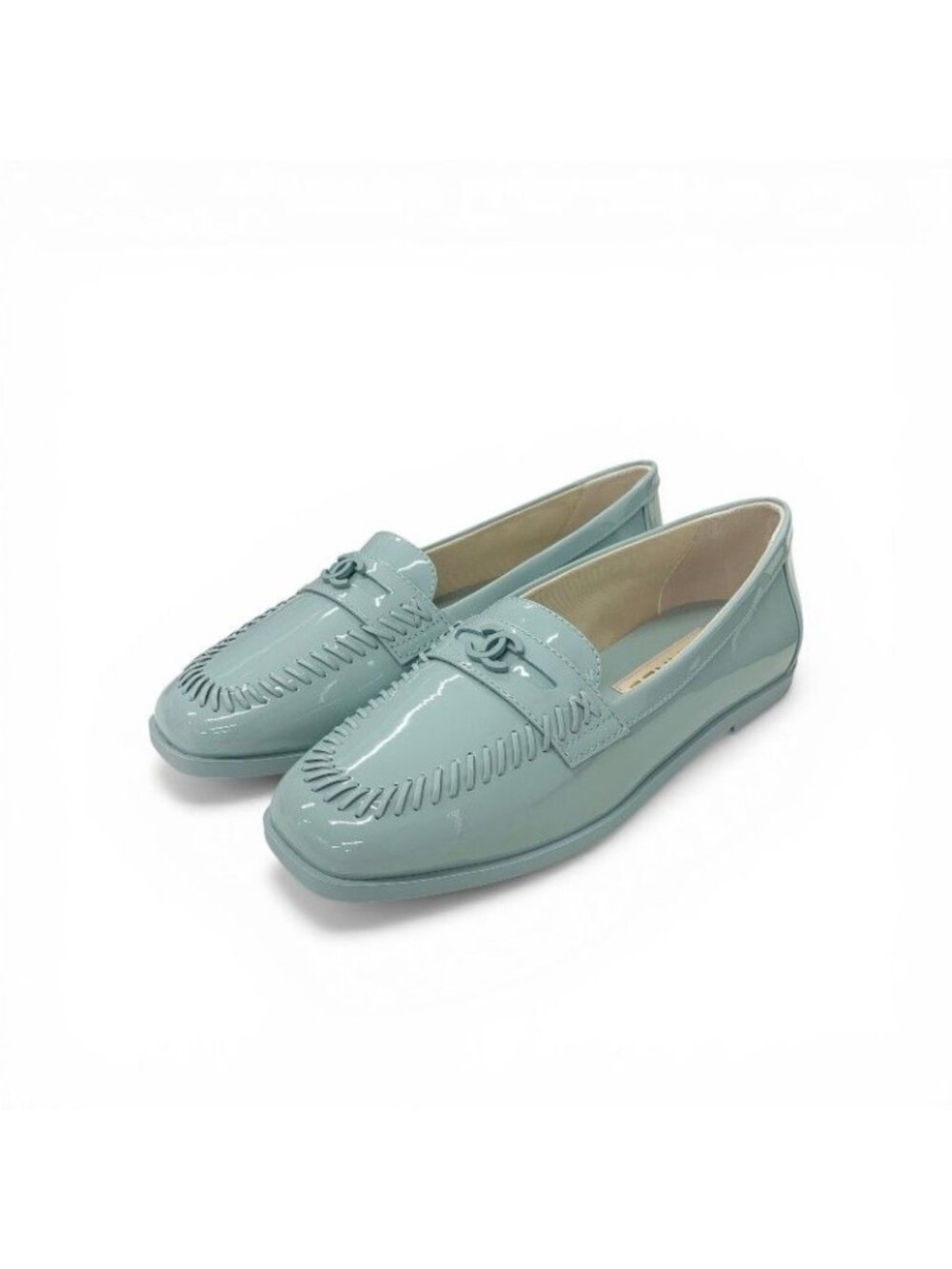 Chanel Loafers Leather Shoes Patent Light Blue CC Logo Stitch Flats
